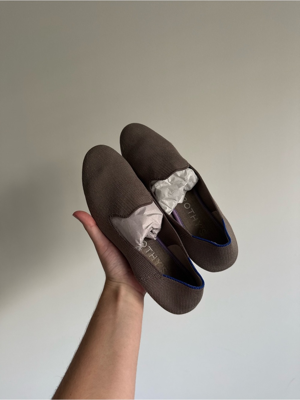 Rothy's Brown Knit Slip-On Loafers with Blue Trim